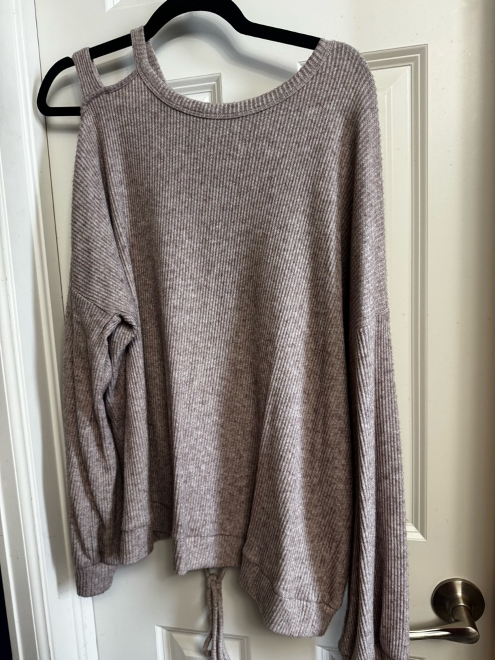 Daytrip Off-Shoulder Ribbed Sweater in Taupe